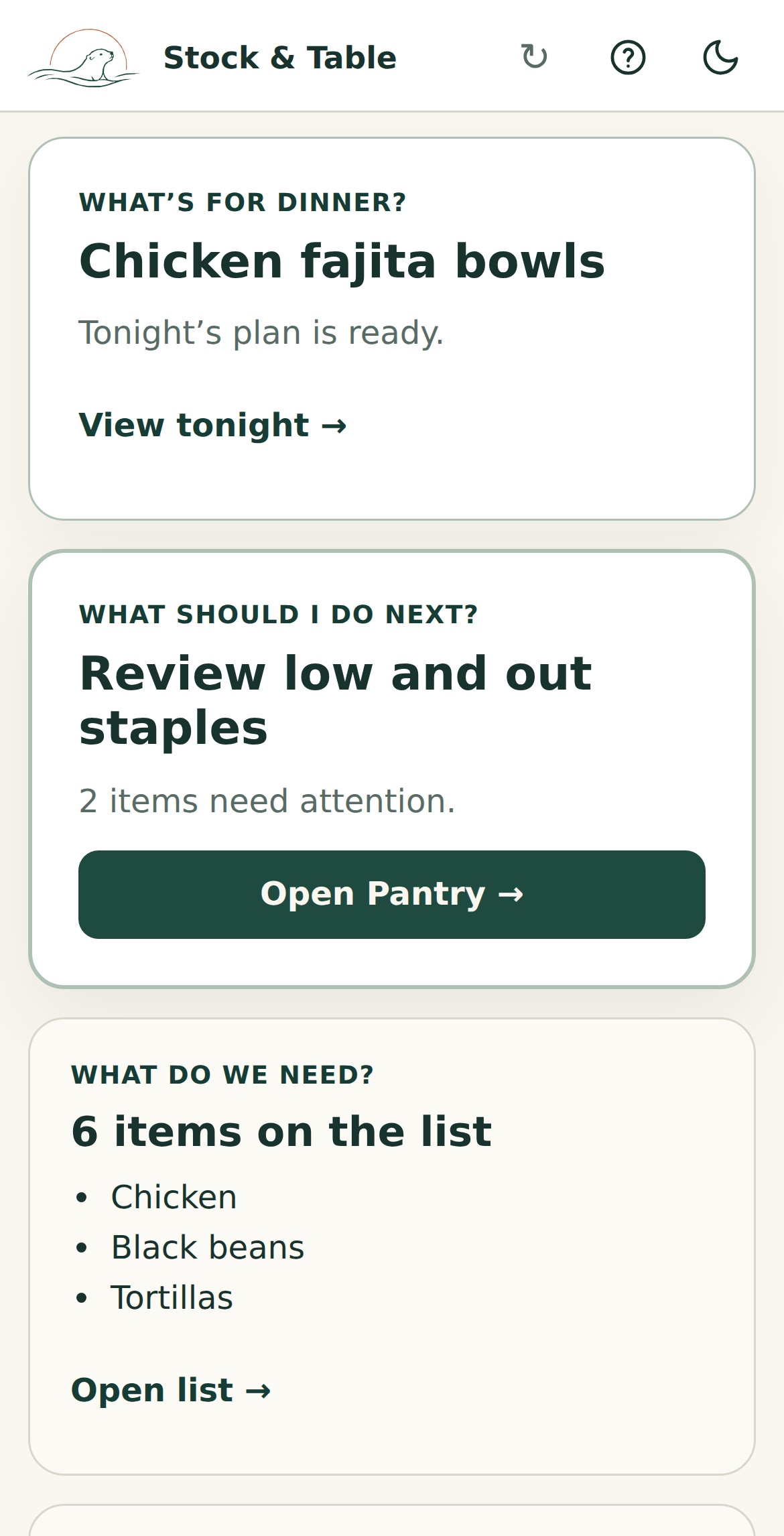 Stock & Table Home showing Chicken fajita bowls planned for tonight and six items on the shopping list