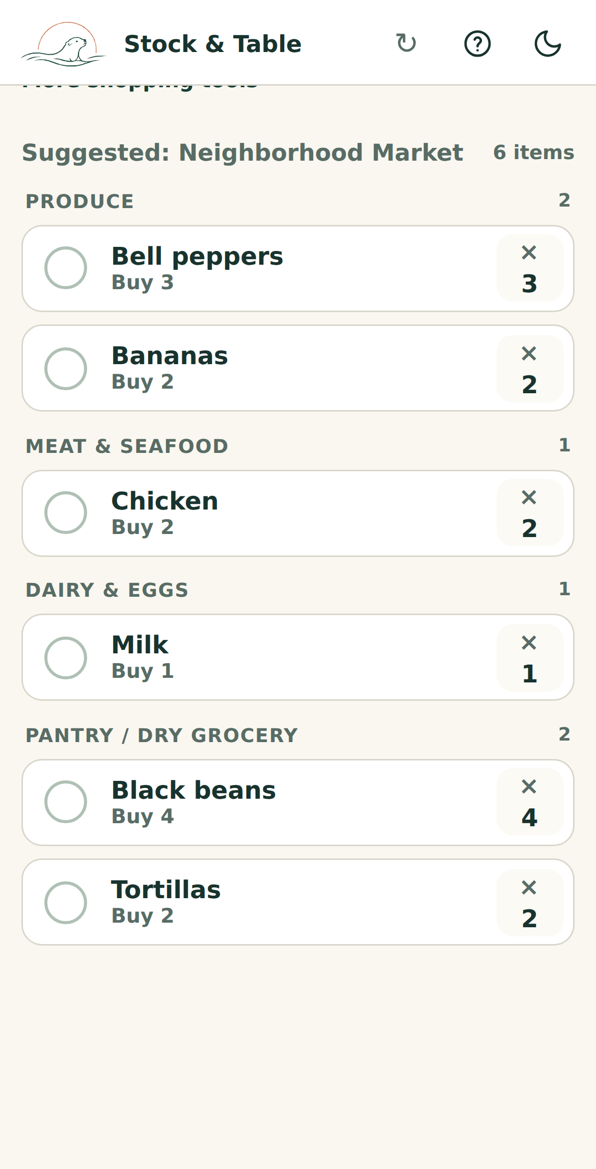 Stock & Table shopping list for Neighborhood Market with groceries grouped by store section and visible buy quantities