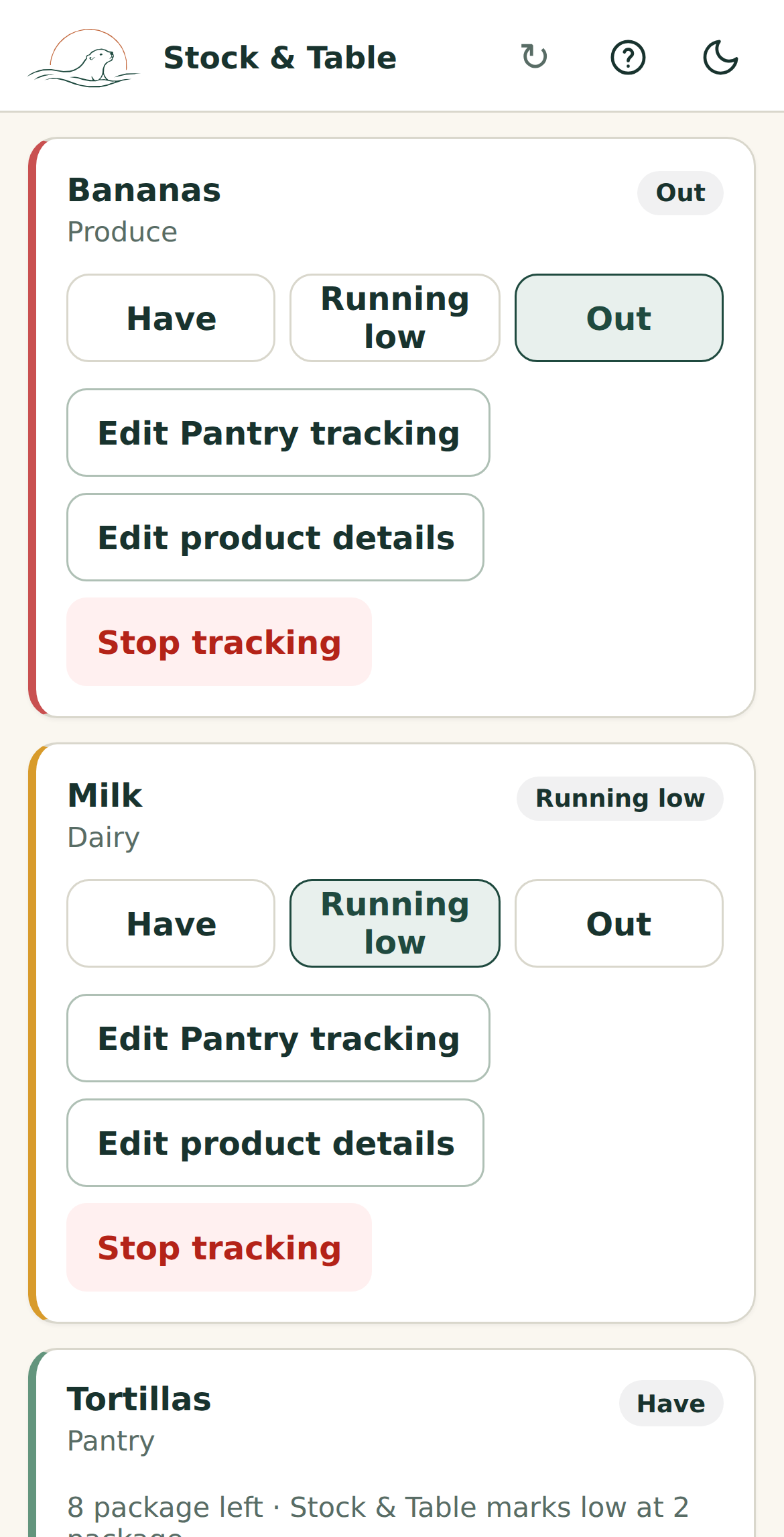 Stock & Table Pantry showing Bananas Out, Milk Running low, and Tortillas tracked with an exact count