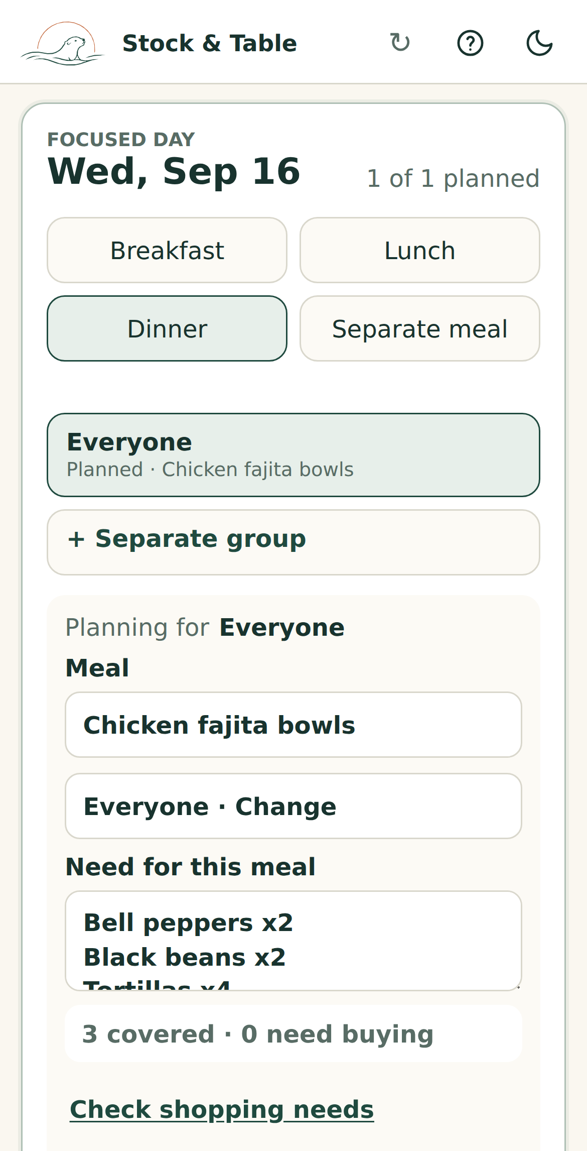 Stock & Table Plan focused on Sunday dinner, Chicken fajita bowls, with three meal needs covered by Pantry